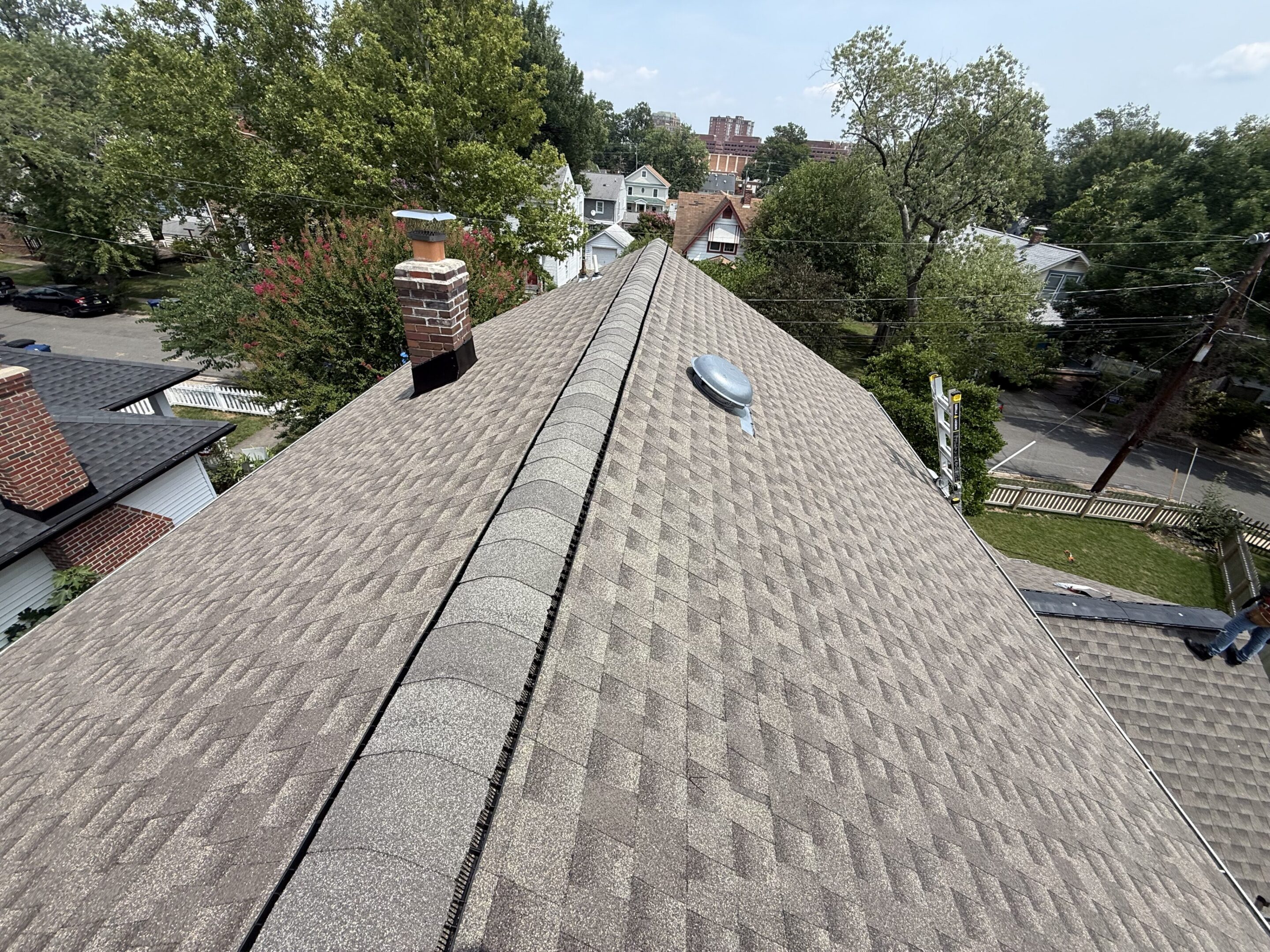 Rooftop view with chimney and trees.