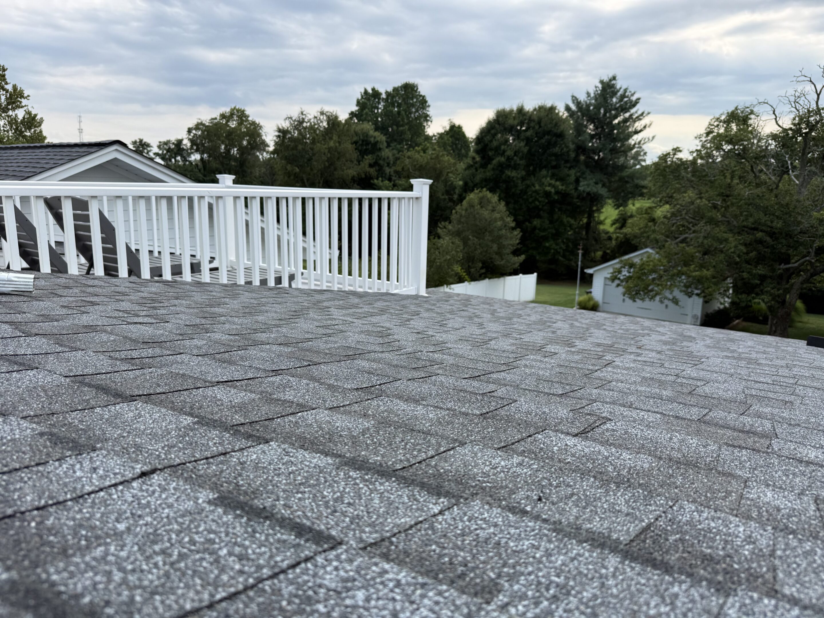 Rooftop with view of trees and sky.